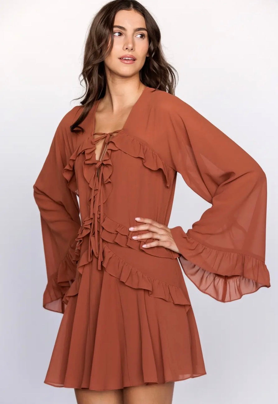 Rust Tie-Front Ruffled Tiered Mini Dress