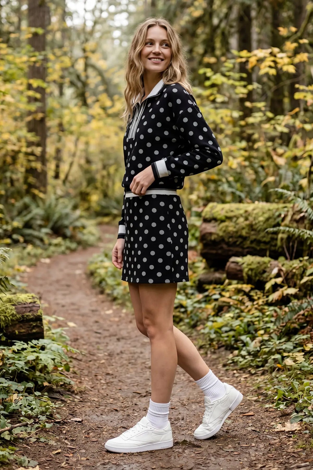 Black Polka-Dot Half-Zip Top & Mini Skirt Knit Set