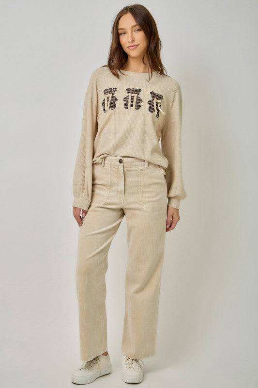 Gummy Bear Tweed Waffle-Knit Oversized Pullover with Velvet Ribbon