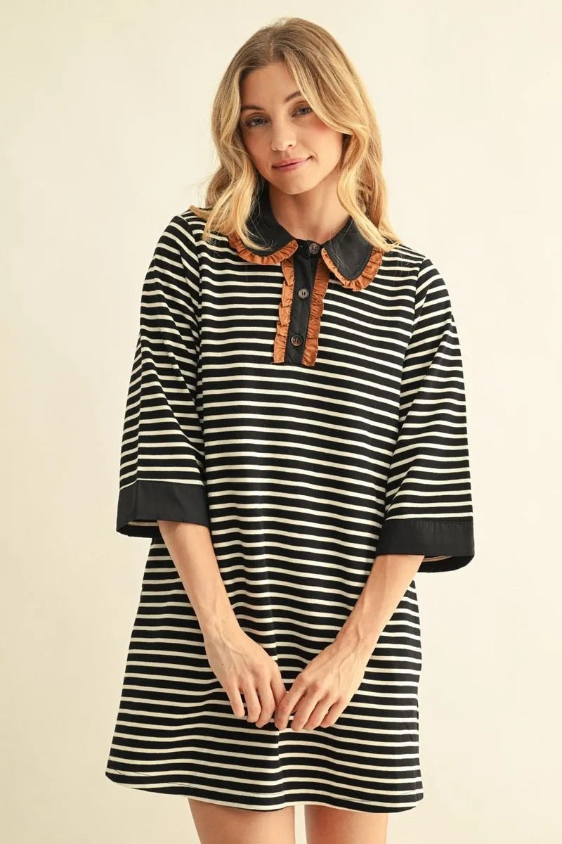Black & Ivory Striped Ruffle-Trim Collared Dress