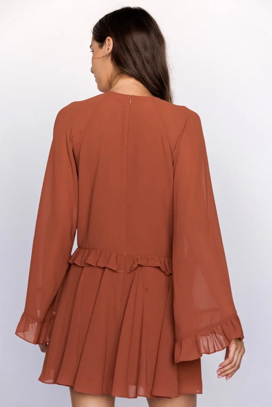 Rust Tie-Front Ruffled Tiered Mini Dress