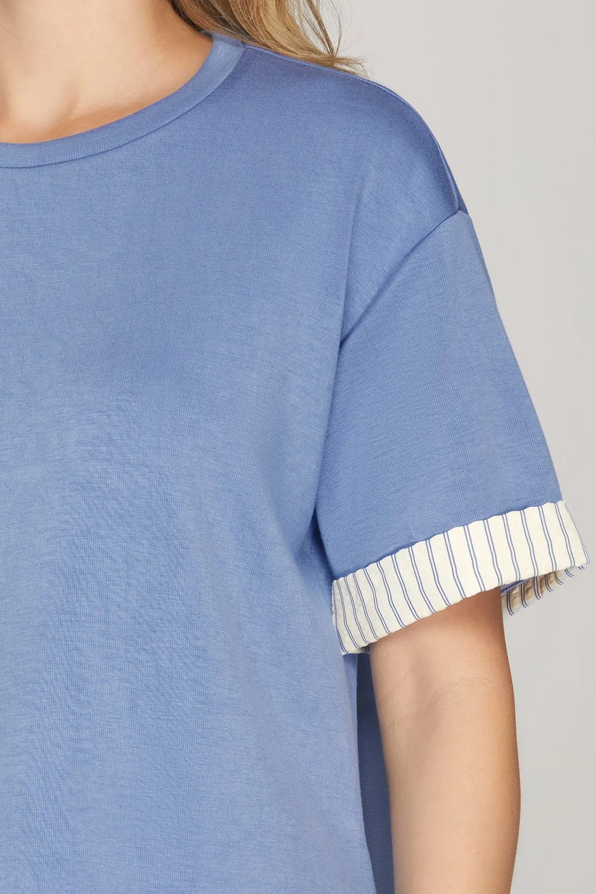 Dusty Blue Contrast-Band Knit Top & Shorts Set