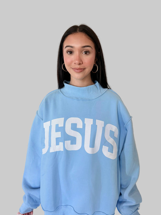 IT2594-JESUS | 'JESUS & GOD IS GOOD' Reversible Sweatshirt: Sky blue / S/M-L/XL (3-3)
