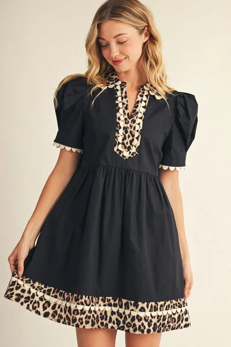 Leopard Contrast Puff Sleeve Dress