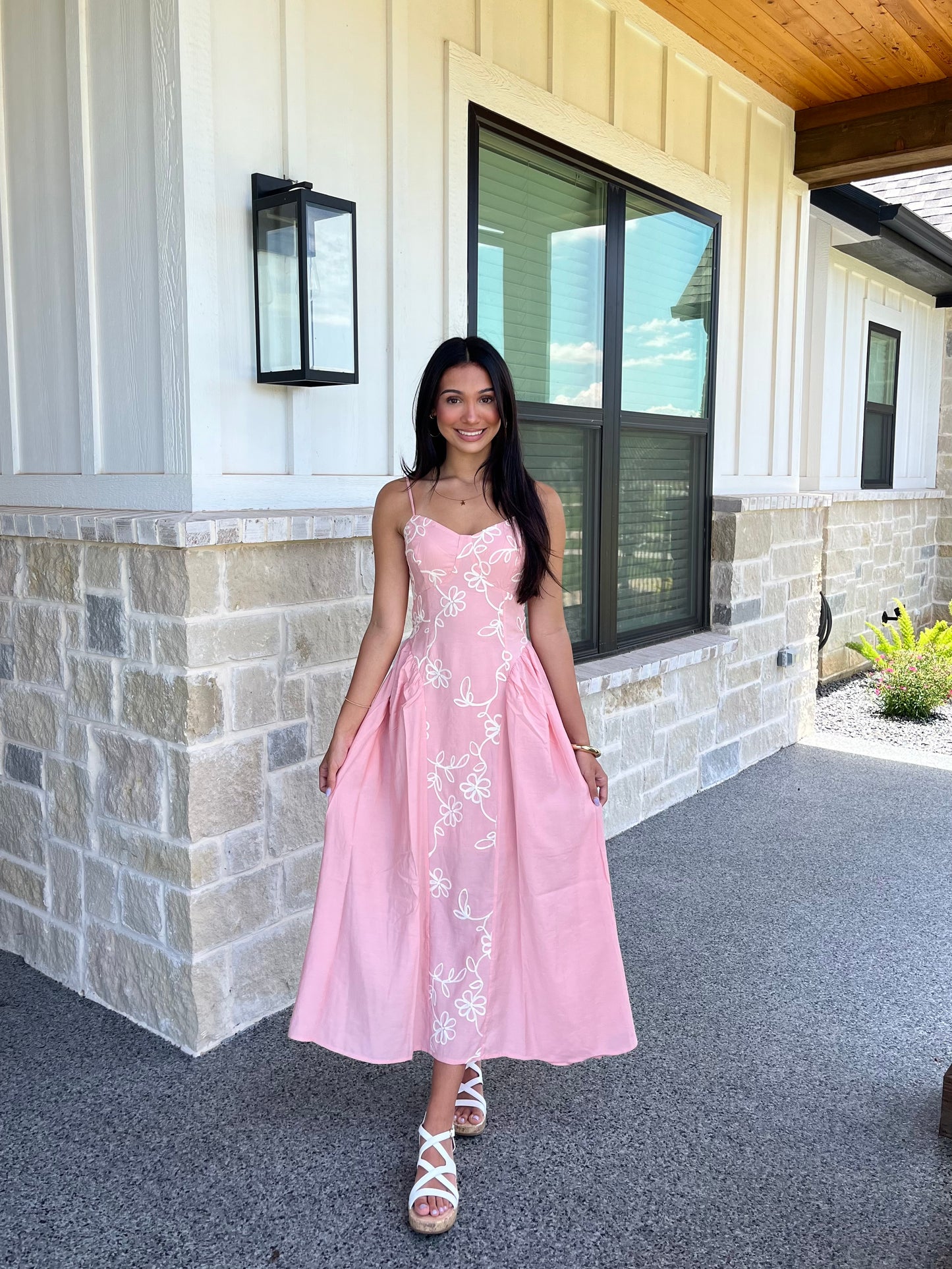 Embroidered Floral Strap Midi Dress