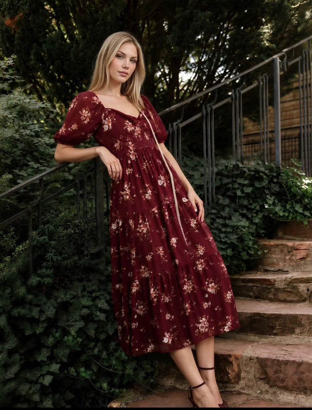 Floral Puff-Sleeve Tiered Midi Dress | Burgundy or Brown