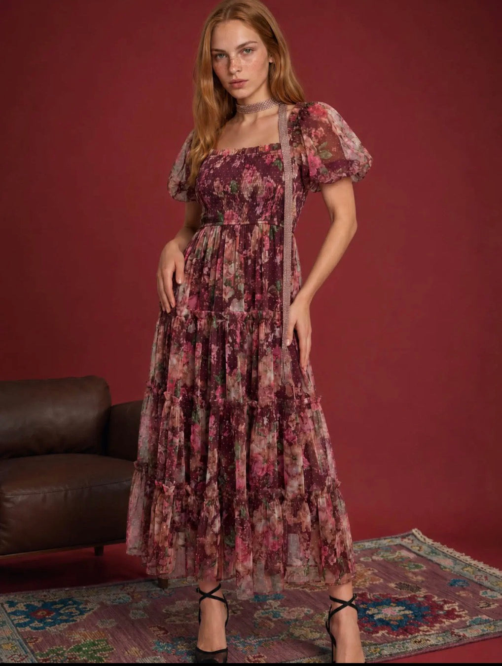 Burgundy Multi Floral Polka-Dot Tulle Puff-Sleeve Midi Dress