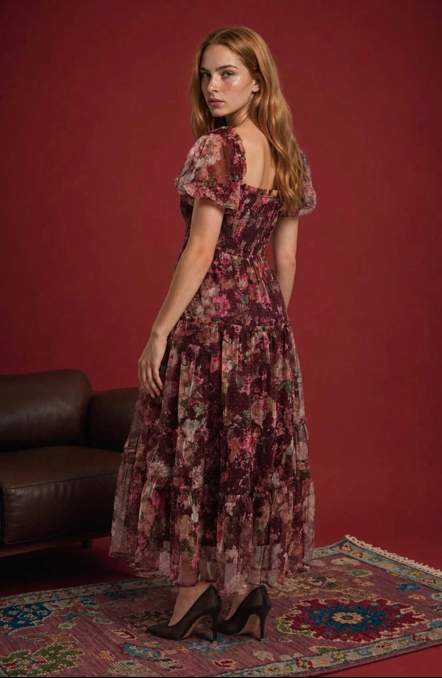 Burgundy Multi Floral Polka-Dot Tulle Puff-Sleeve Midi Dress