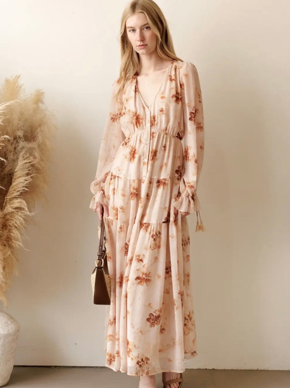 Beige Brown Floral Tiered Button-Front Midi Dress