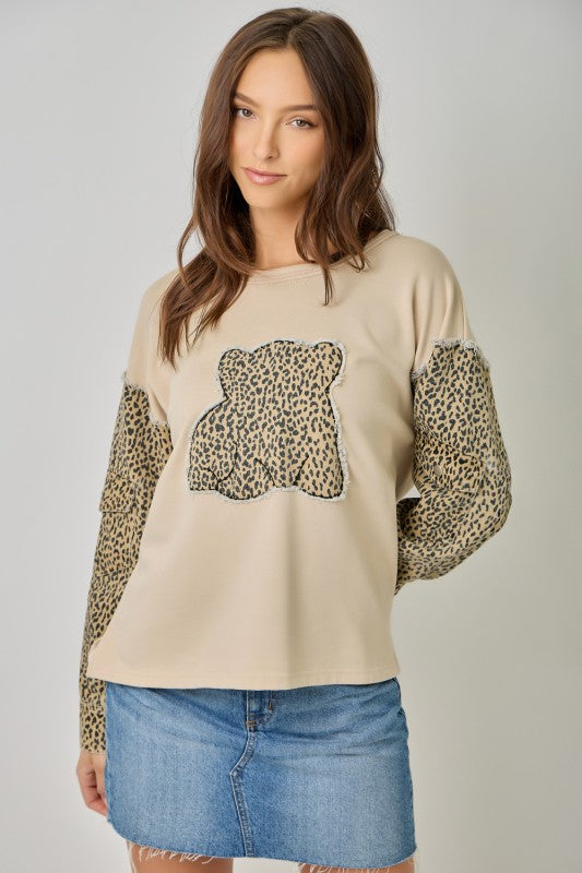 Leopard Motif Washed Terry & Denim Two-Fer Sweatshirt