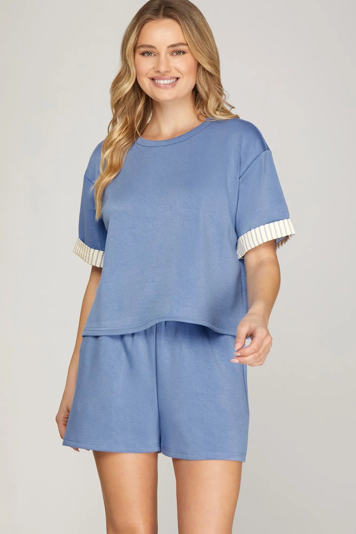 Dusty Blue Contrast-Band Knit Top & Shorts Set