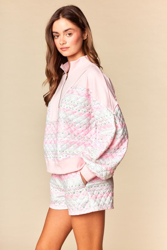 Pastel Patchwork Quilted Half-Zip Pullover Set