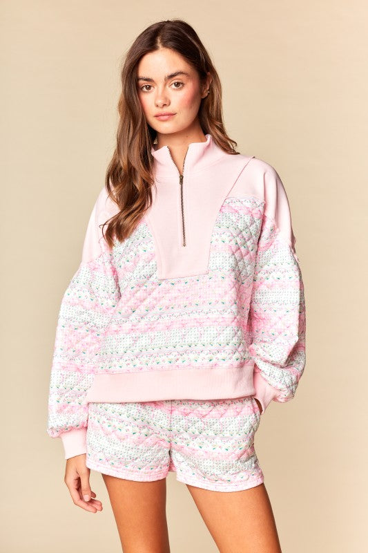 Pastel Patchwork Quilted Half-Zip Pullover Set