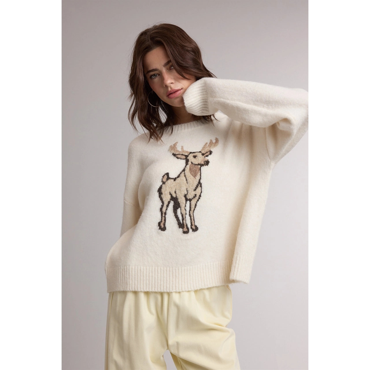Women's Deer Graphic Knit Sweater | Cozy Fall & Winter Sweater