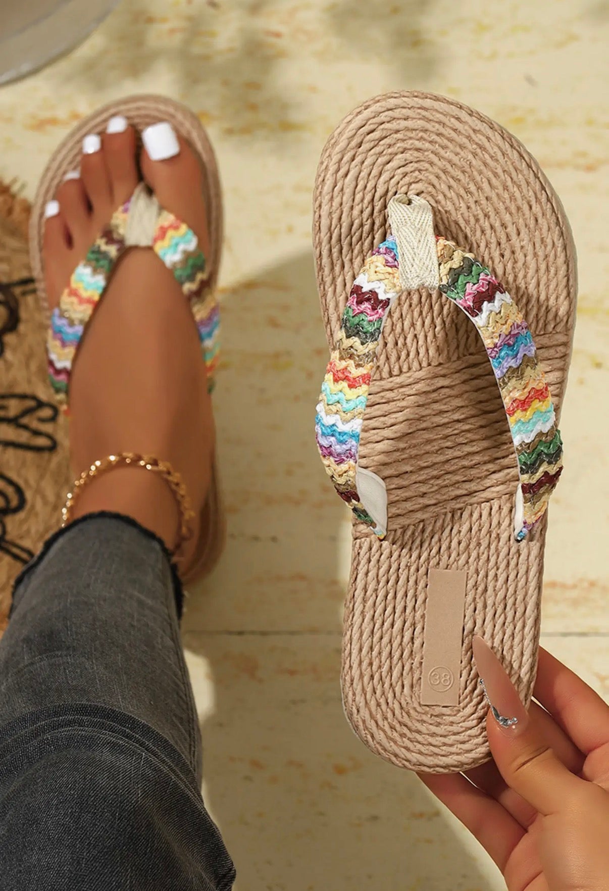 Vacation Straw Woven Rainbow Straw Flip Flop US6-10