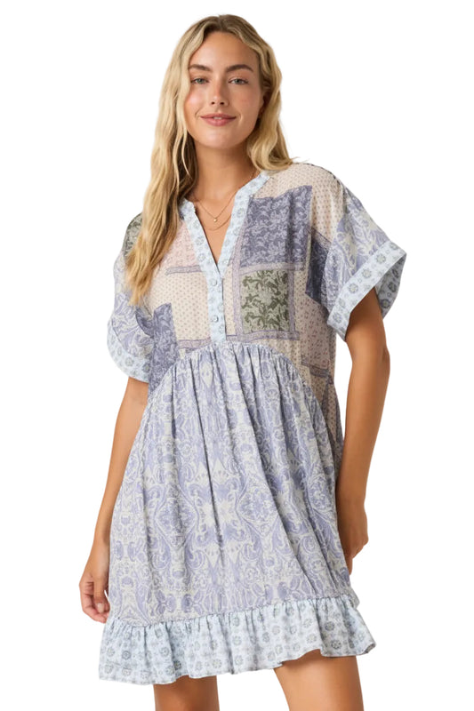 Patchwork Print Babydoll Short Sleeve Mini Dress