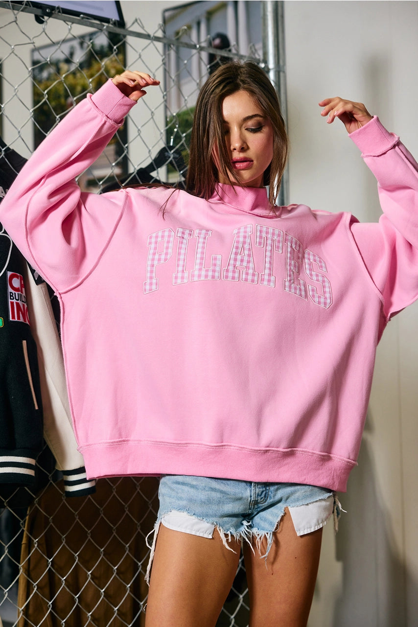 Gingham Embroidered PILATES  Mock Neck Sweater
