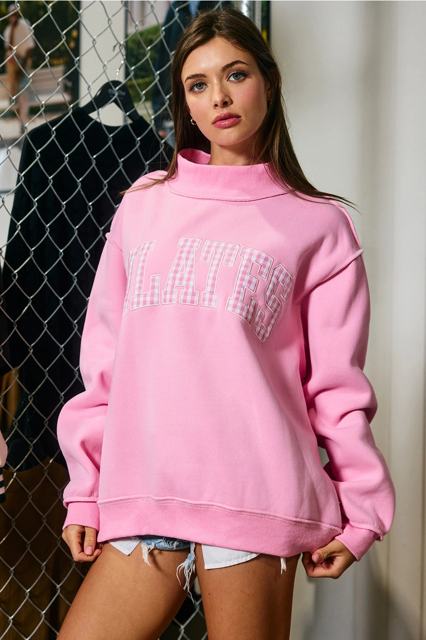 Gingham Embroidered PILATES  Mock Neck Sweater