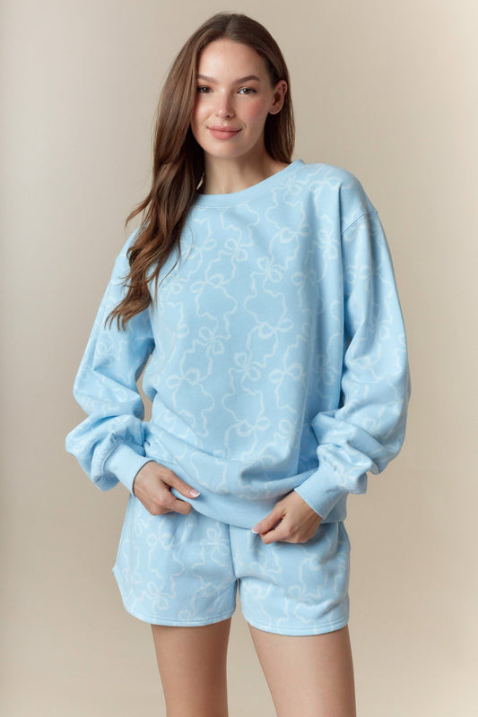 Bow Printed Fleece Terry Sweatshirt