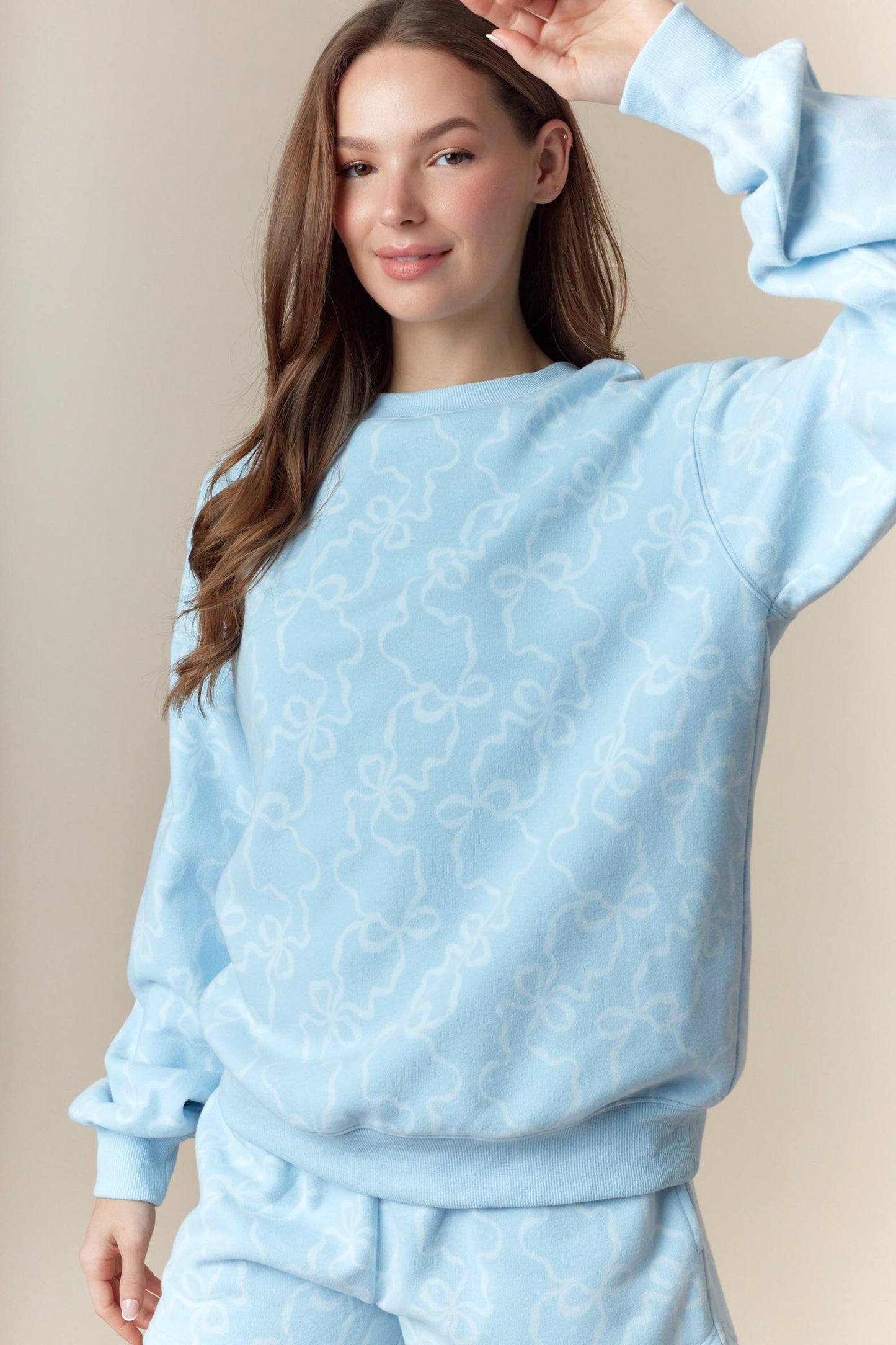 Bow Printed Fleece Terry Sweatshirt