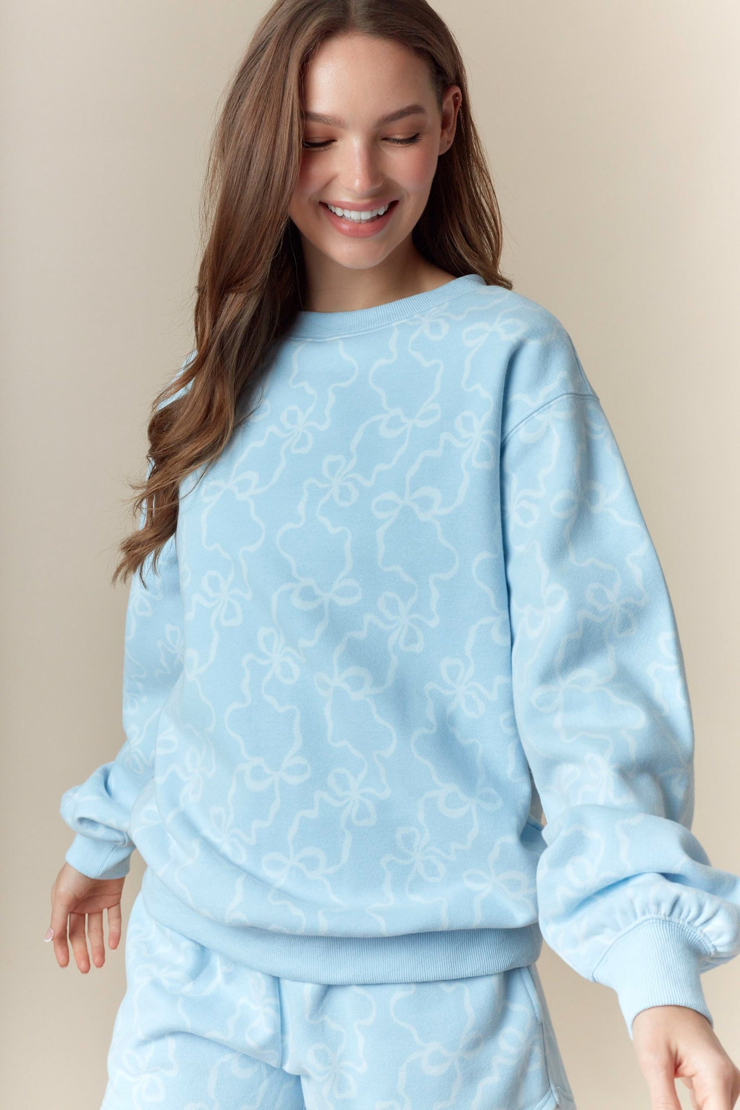 Bow Printed Fleece Terry Sweatshirt