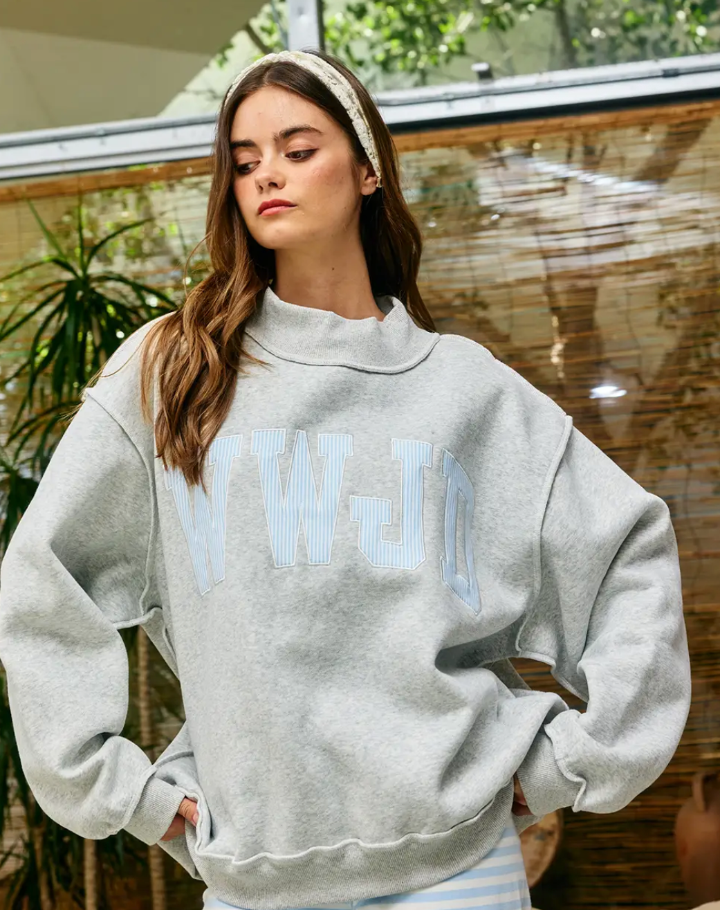 Stripe Embroidered “WWJD” Mock Neck Sweatshirt