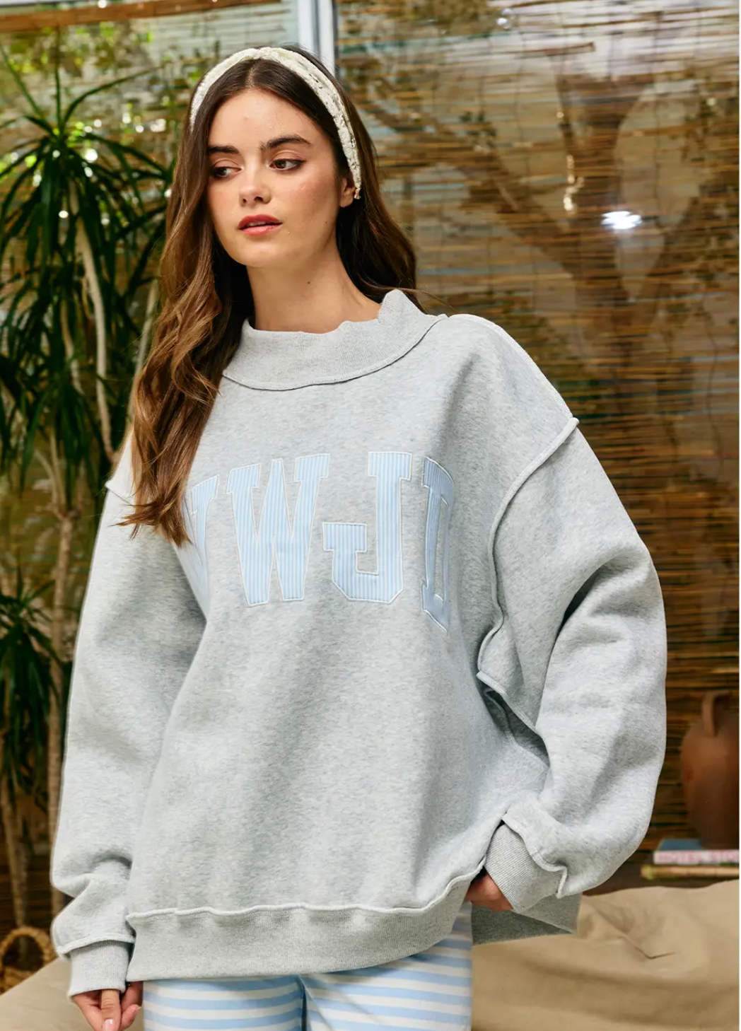 Stripe Embroidered “WWJD” Mock Neck Sweatshirt