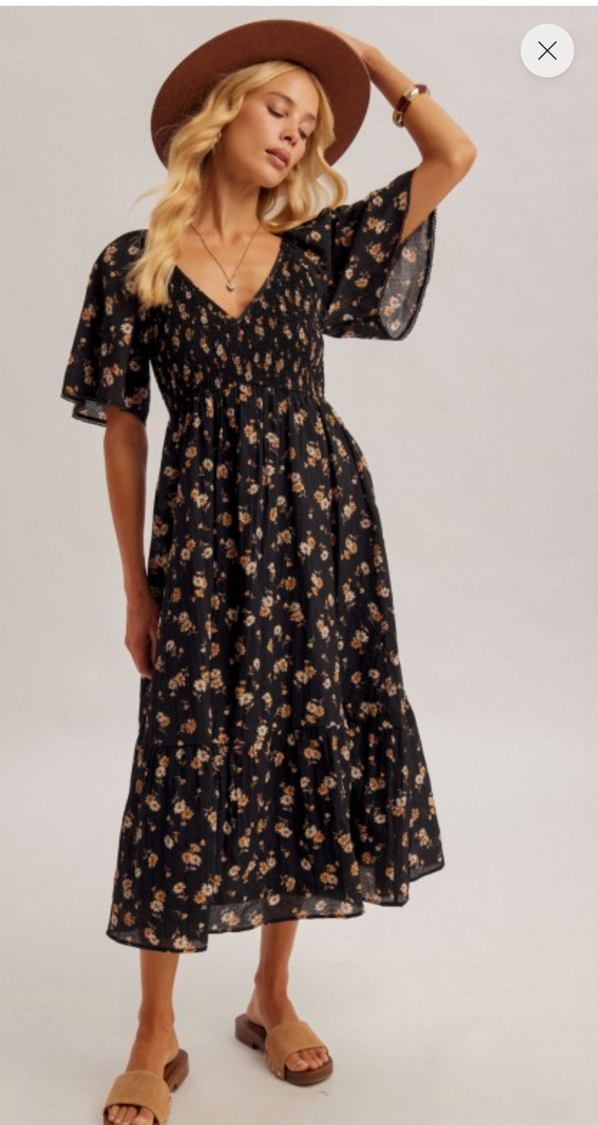 Smocked Flutter Sleeve Midi Dress