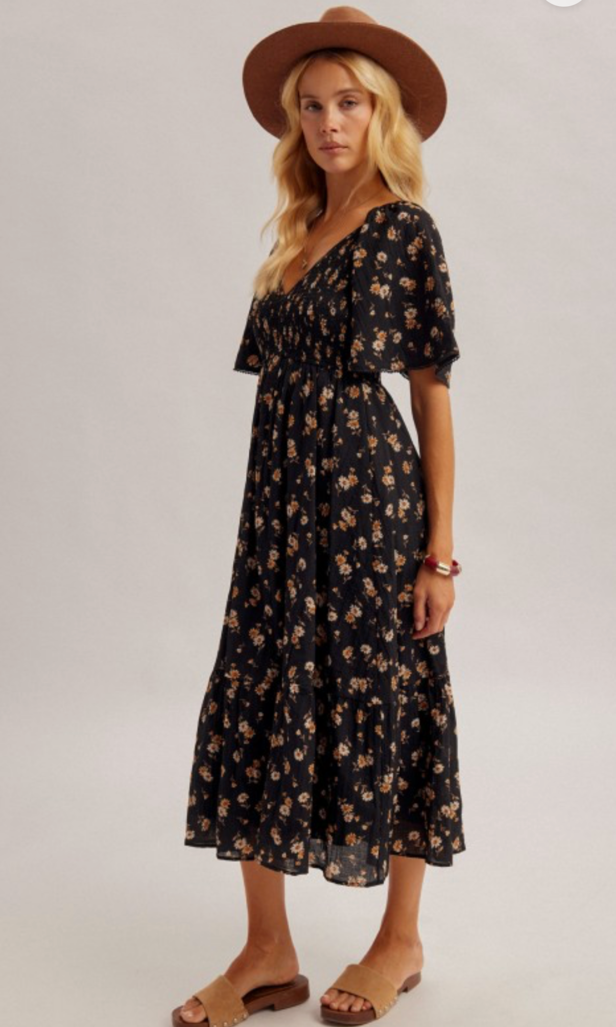 Smocked Flutter Sleeve Midi Dress
