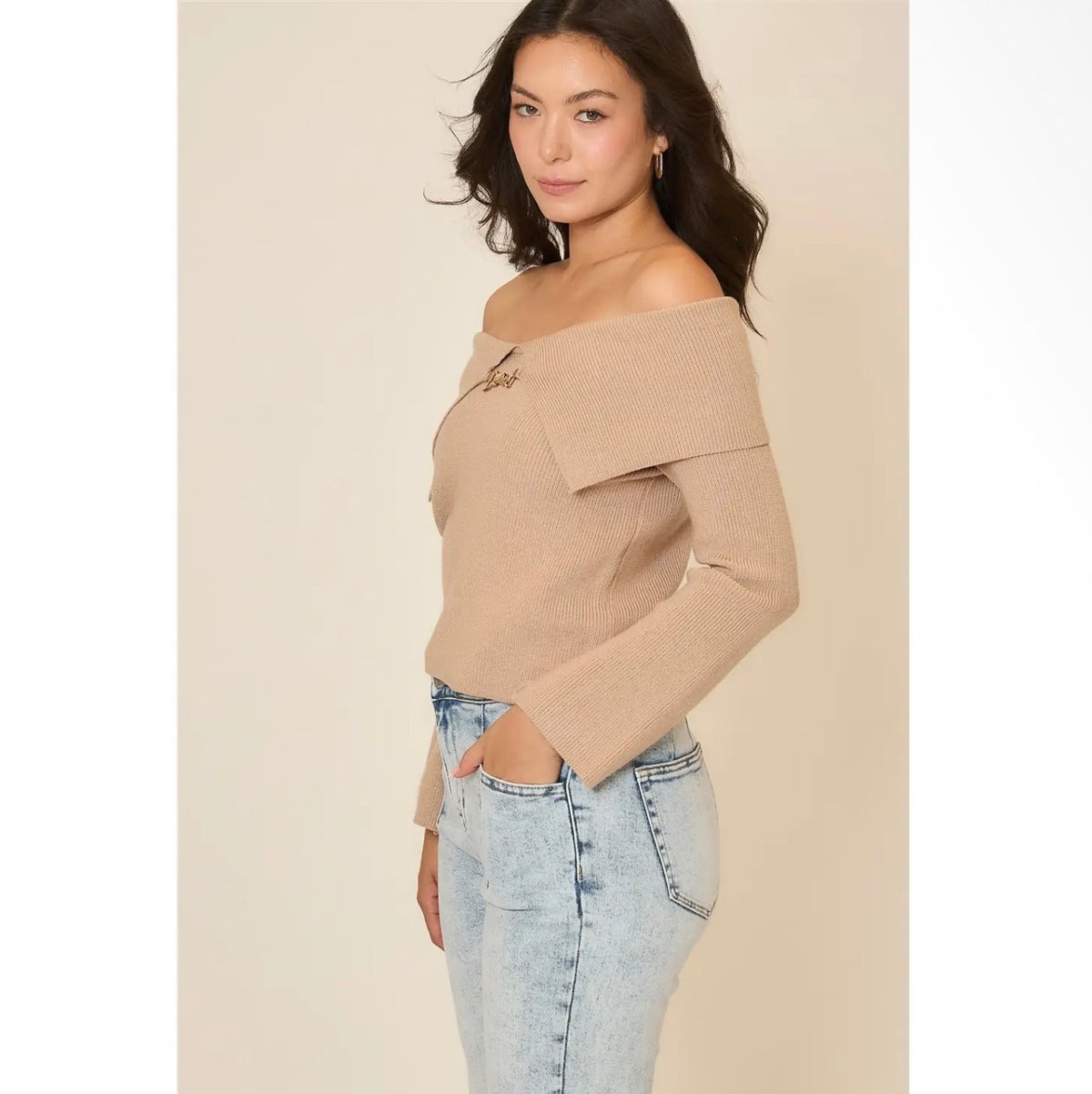 Taupe Off-the-Shoulder Style