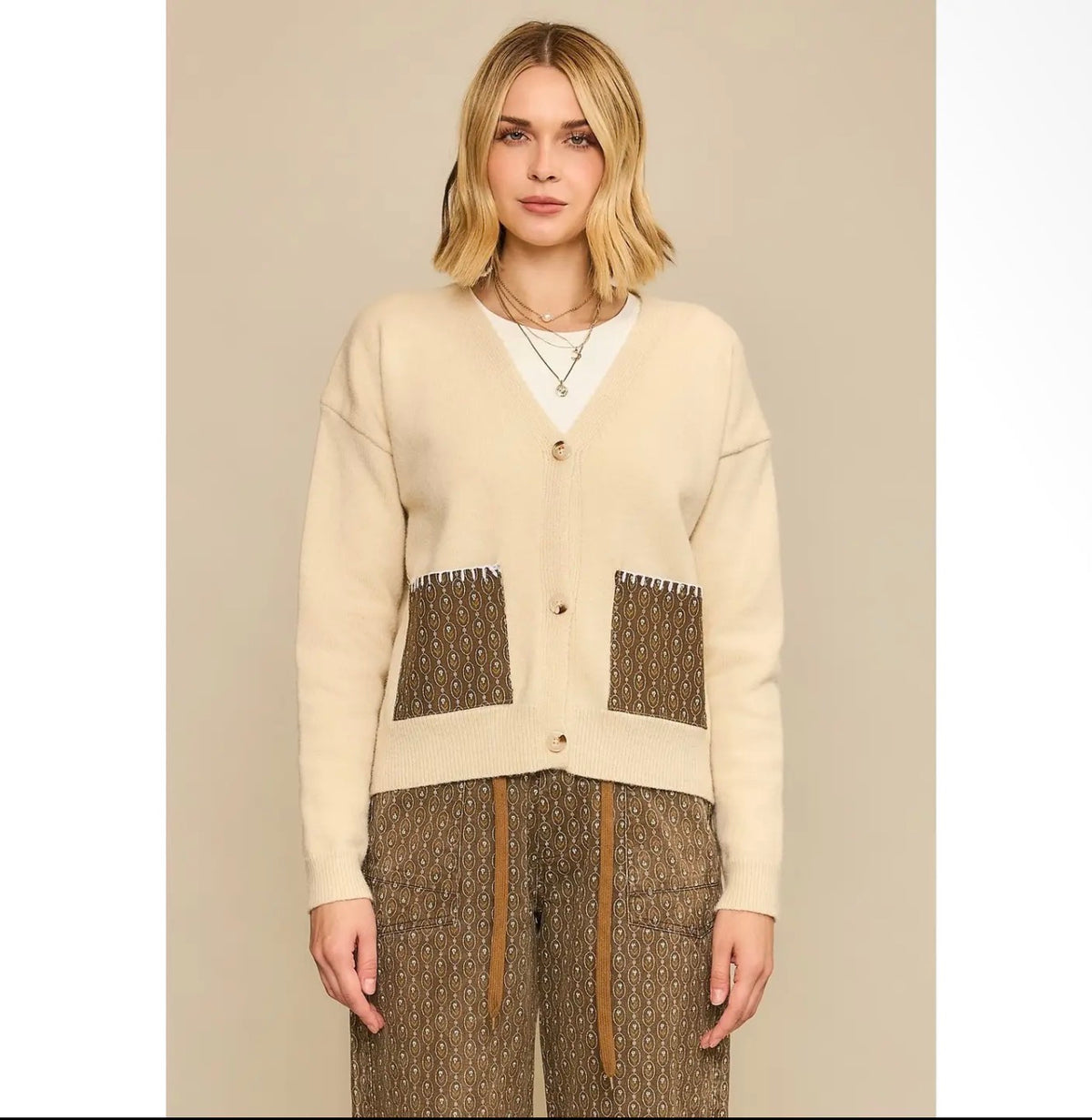 Brown & Natural Geometric Pocket Cardigan