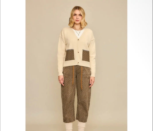 Brown & Natural Geometric Cropped Barrel-Leg Pants