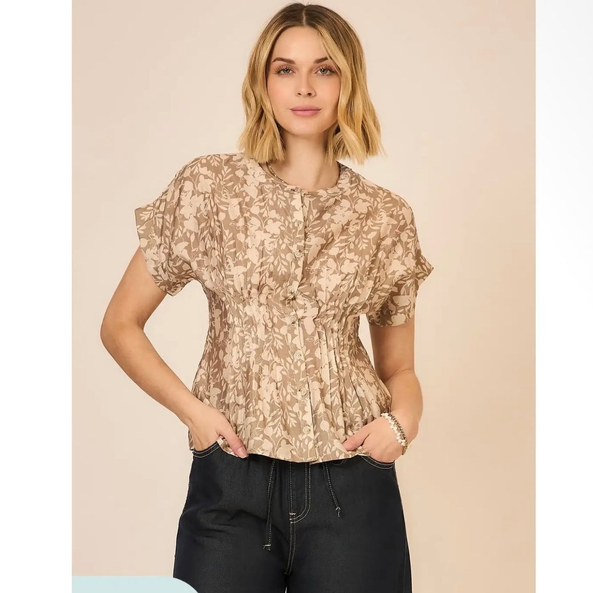 Taupe Floral Button-Front Blouse