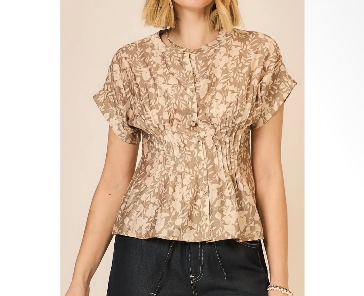 Taupe Floral Button-Front Blouse