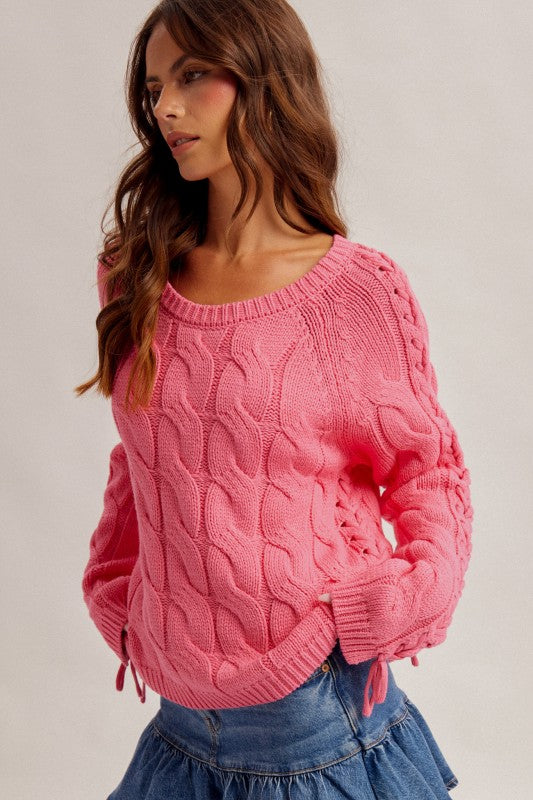 Hot Pink Cable Knit Lace-Up Sweater