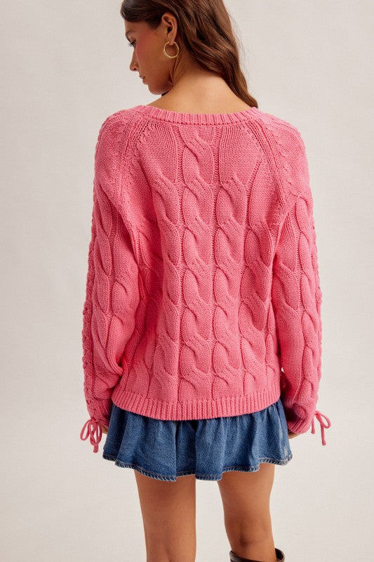 Hot Pink Cable Knit Lace-Up Sweater