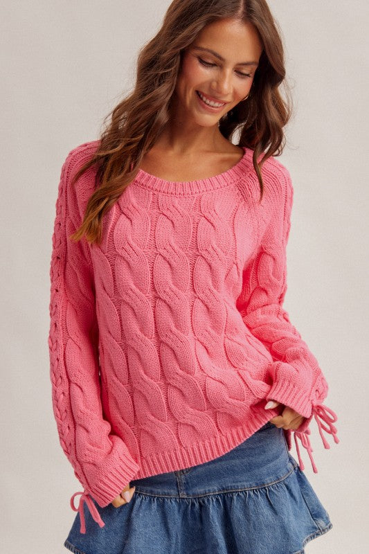 Hot Pink Cable Knit Lace-Up Sweater