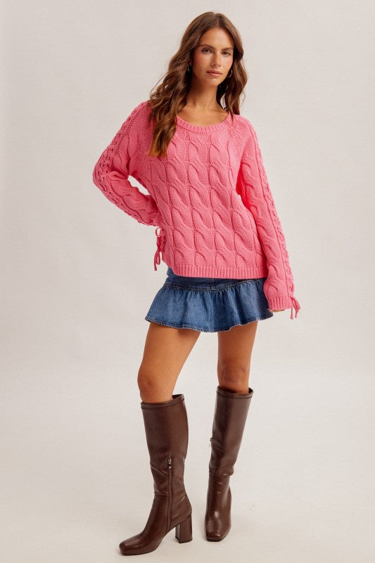 Hot Pink Cable Knit Lace-Up Sweater