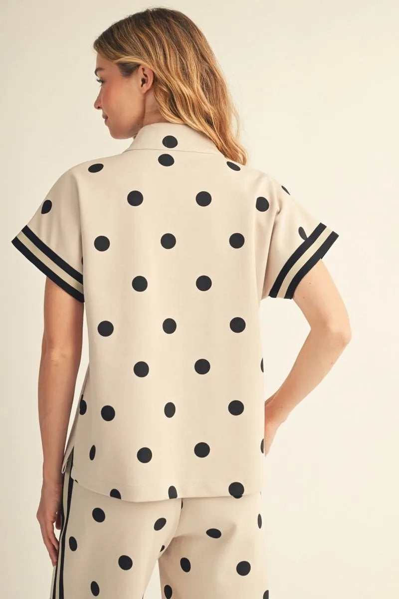 Polka Dot Drop Shoulder Front Zip Set – Oatmeal |