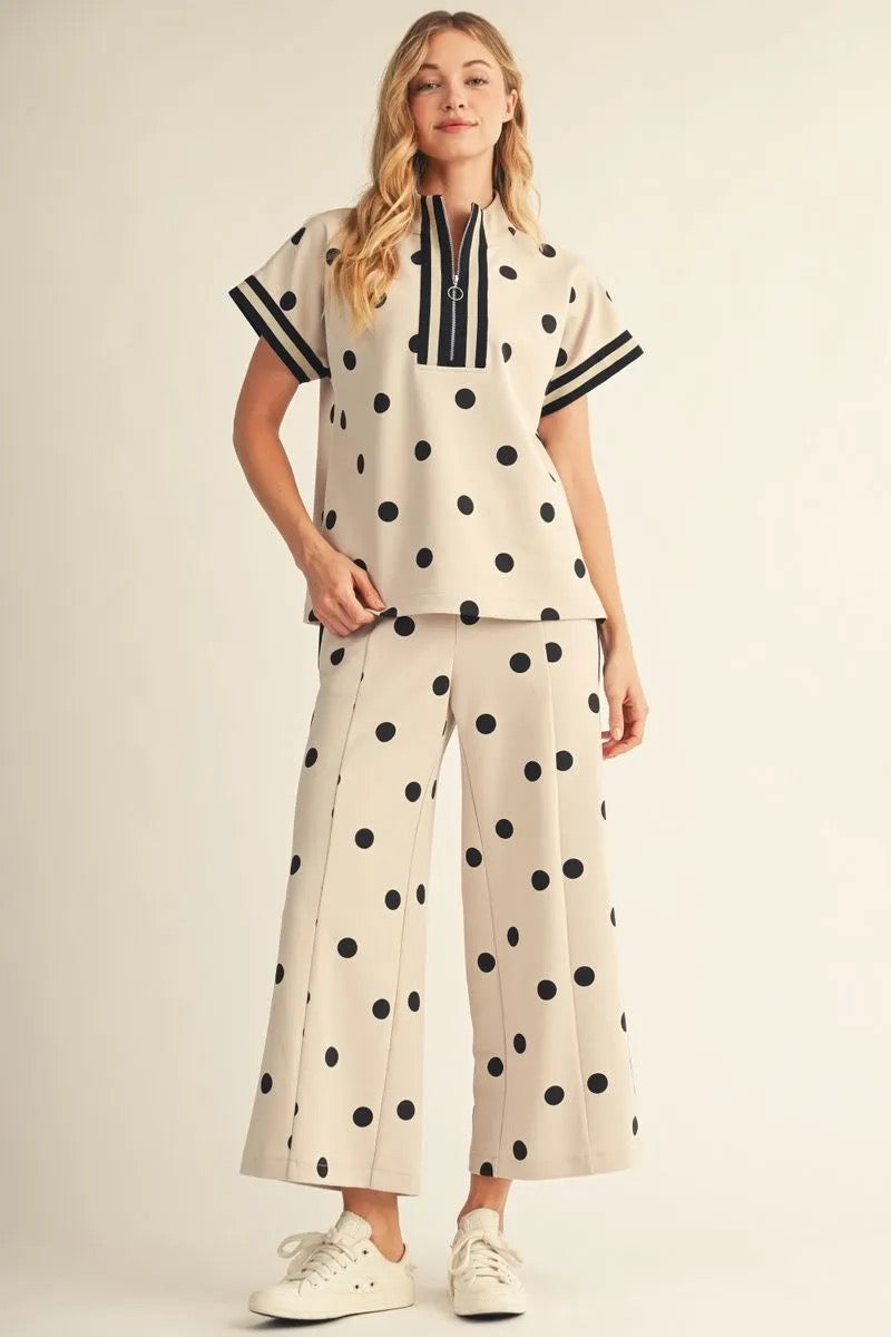 Polka Dot Drop Shoulder Front Zip Set – Oatmeal |