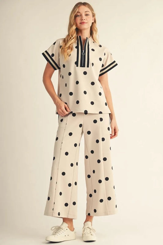 Polka Dot Drop Shoulder Front Zip Set – Oatmeal |