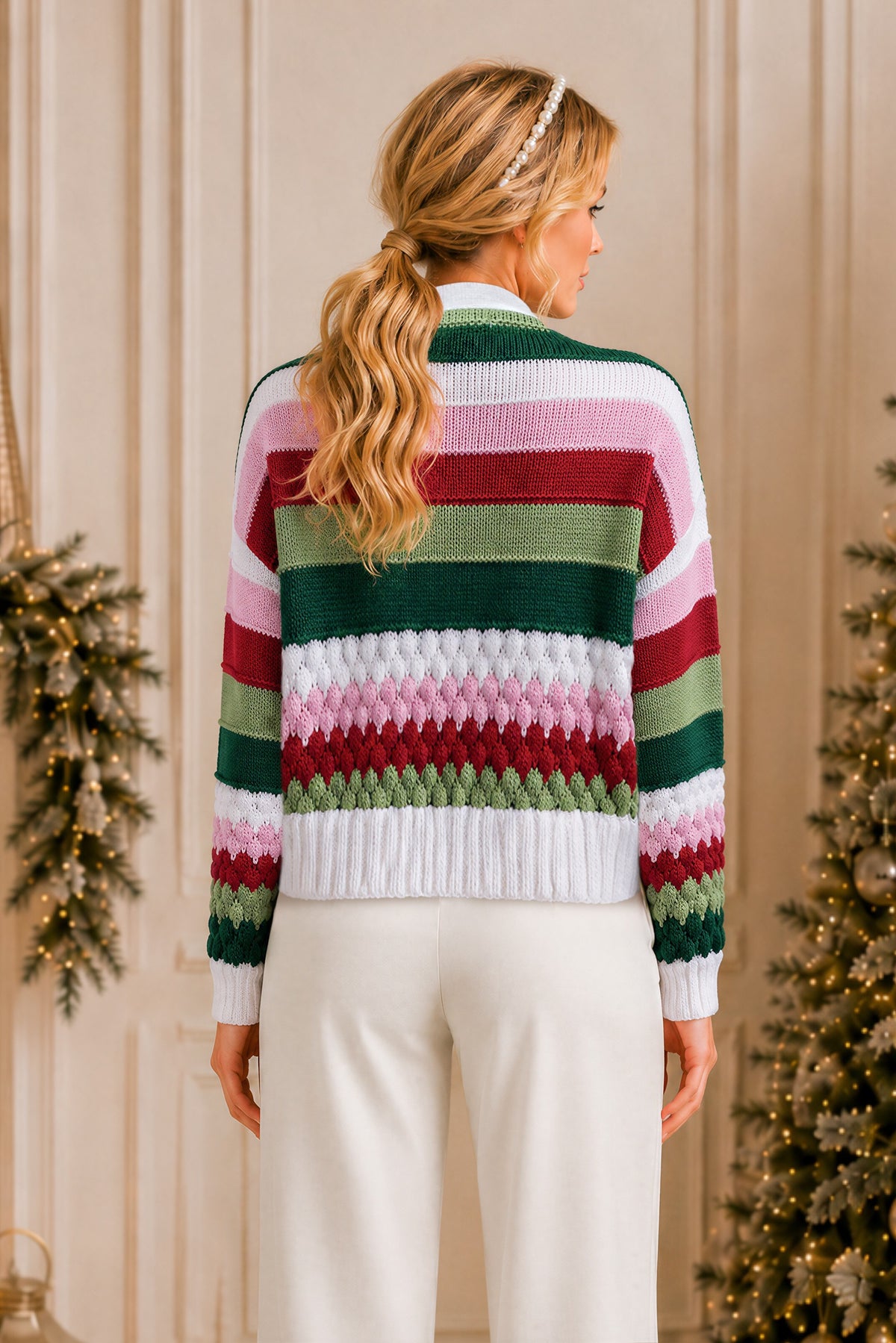 Holiday Ribbon Tie Strap Cardigan Sweater – Red, Green & White
