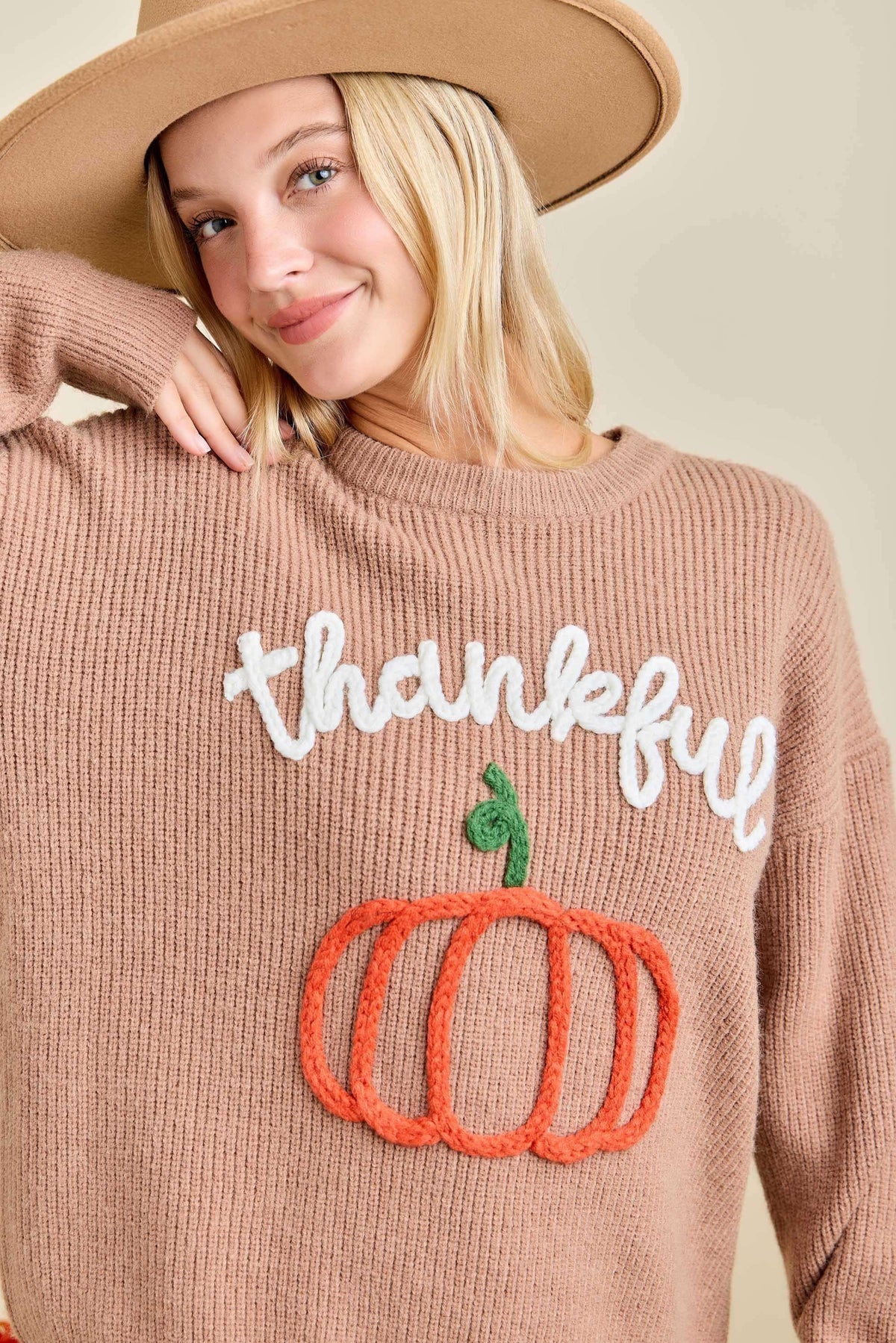 Thankful Pumpkin 3D Embroidered Sweater – Dusty Brown