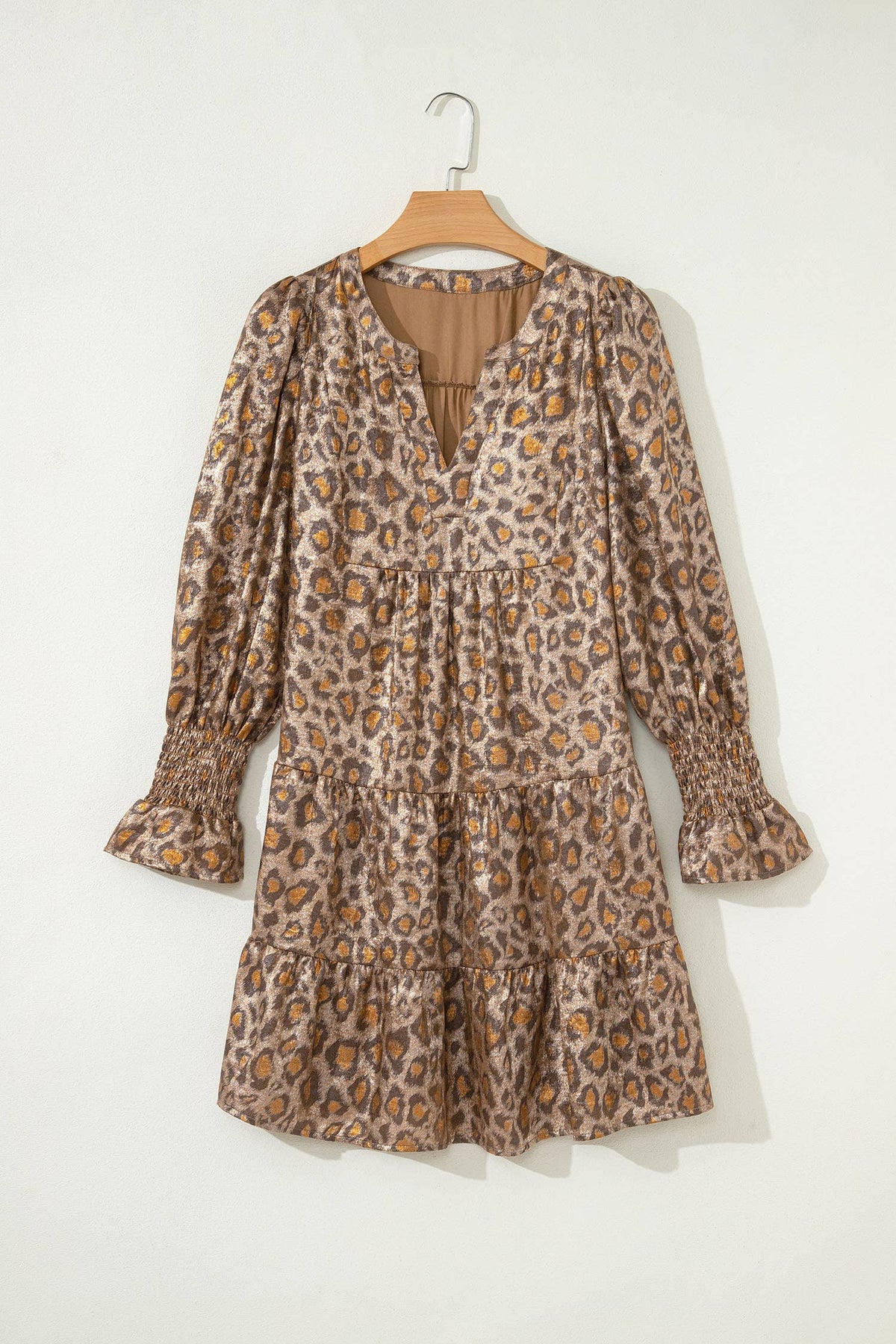 Leopard Print V Neck Ruffled Sleeve Tiered Mini Dress (S-XL)