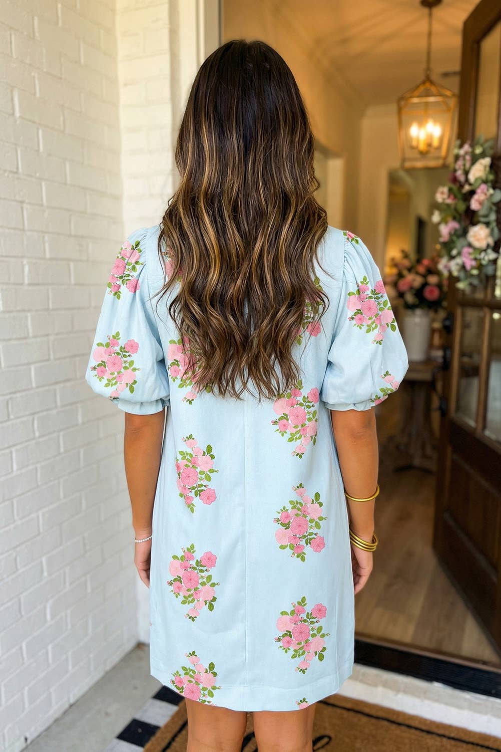 LAS Floral Ricrac Detail Bubble Sleeve Dress (S-XL): Sky Blue