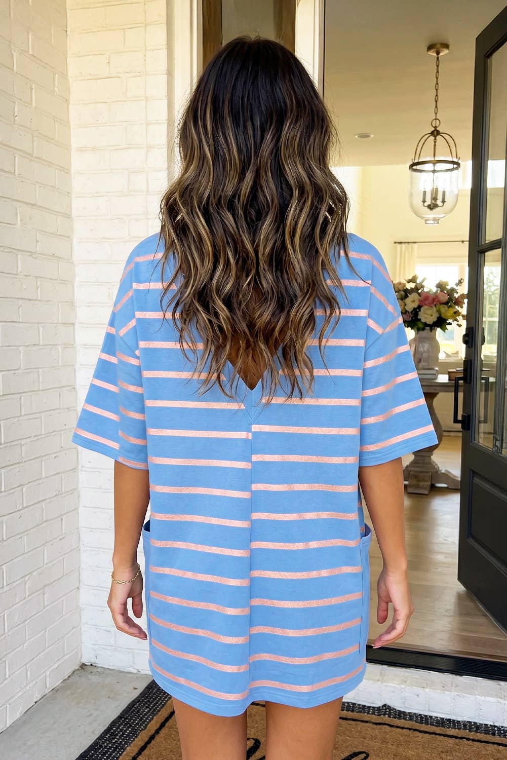 LAS Stripe V Neck Short Sleeve Loose Romper (S-XL): Sky Blue Stripe