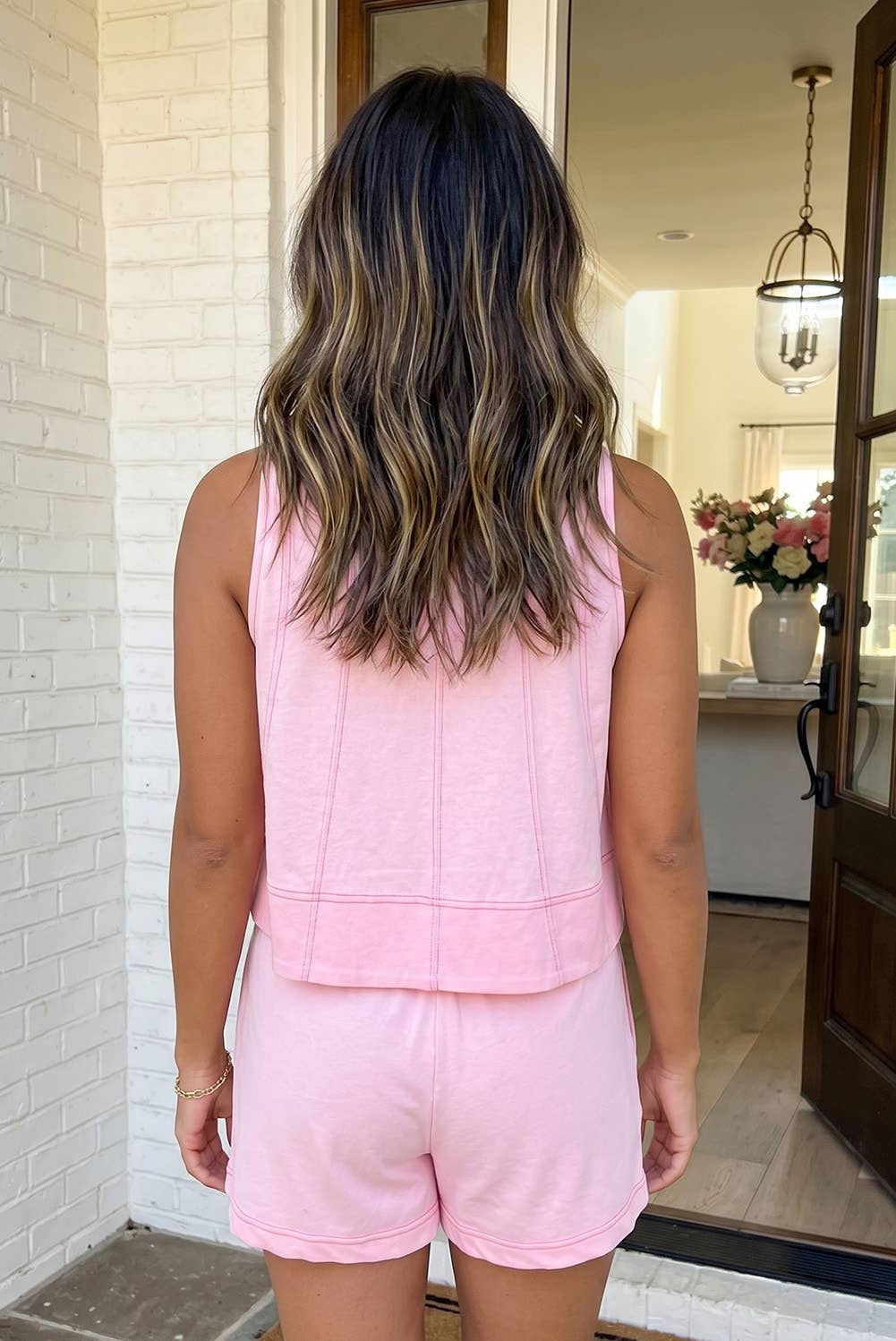 LAS Stitched Detail Loose Tank Top 2pcs Short Set (S-XL): Pink