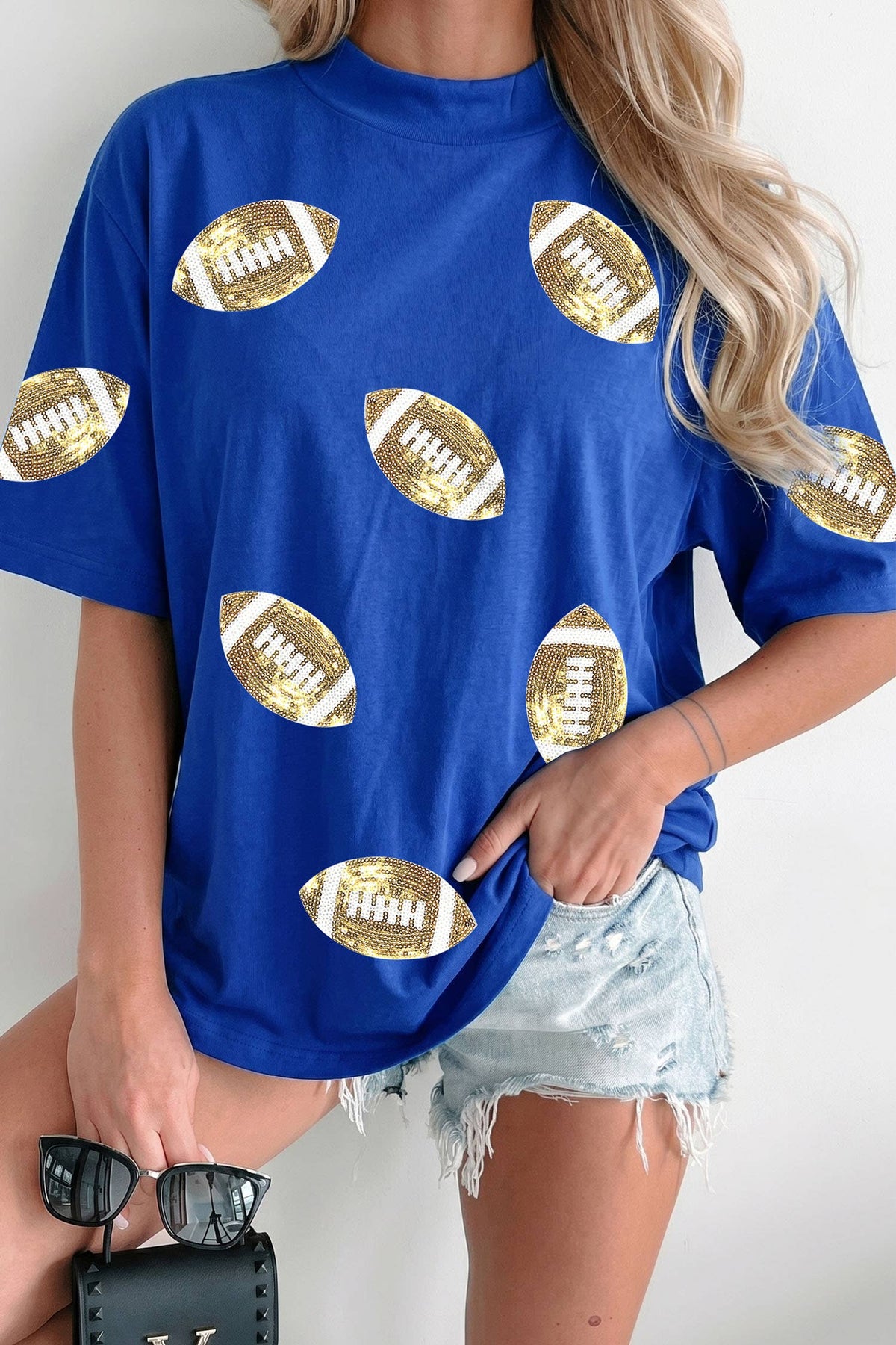 Sequin Rugby Pattern High Neck Game Day Shift T-Shirt
