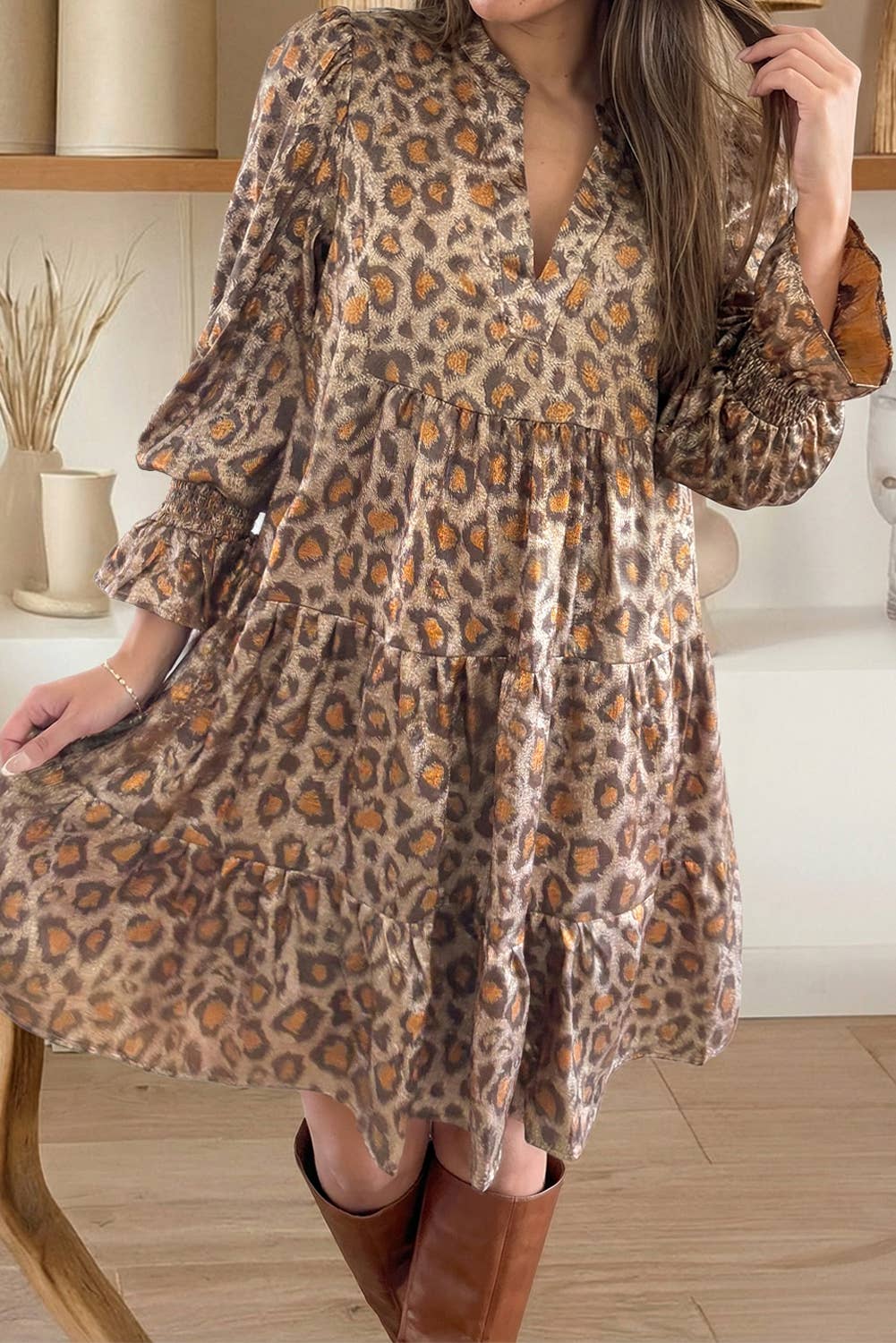 Leopard Print V Neck Ruffled Sleeve Tiered Mini Dress (S-XL)