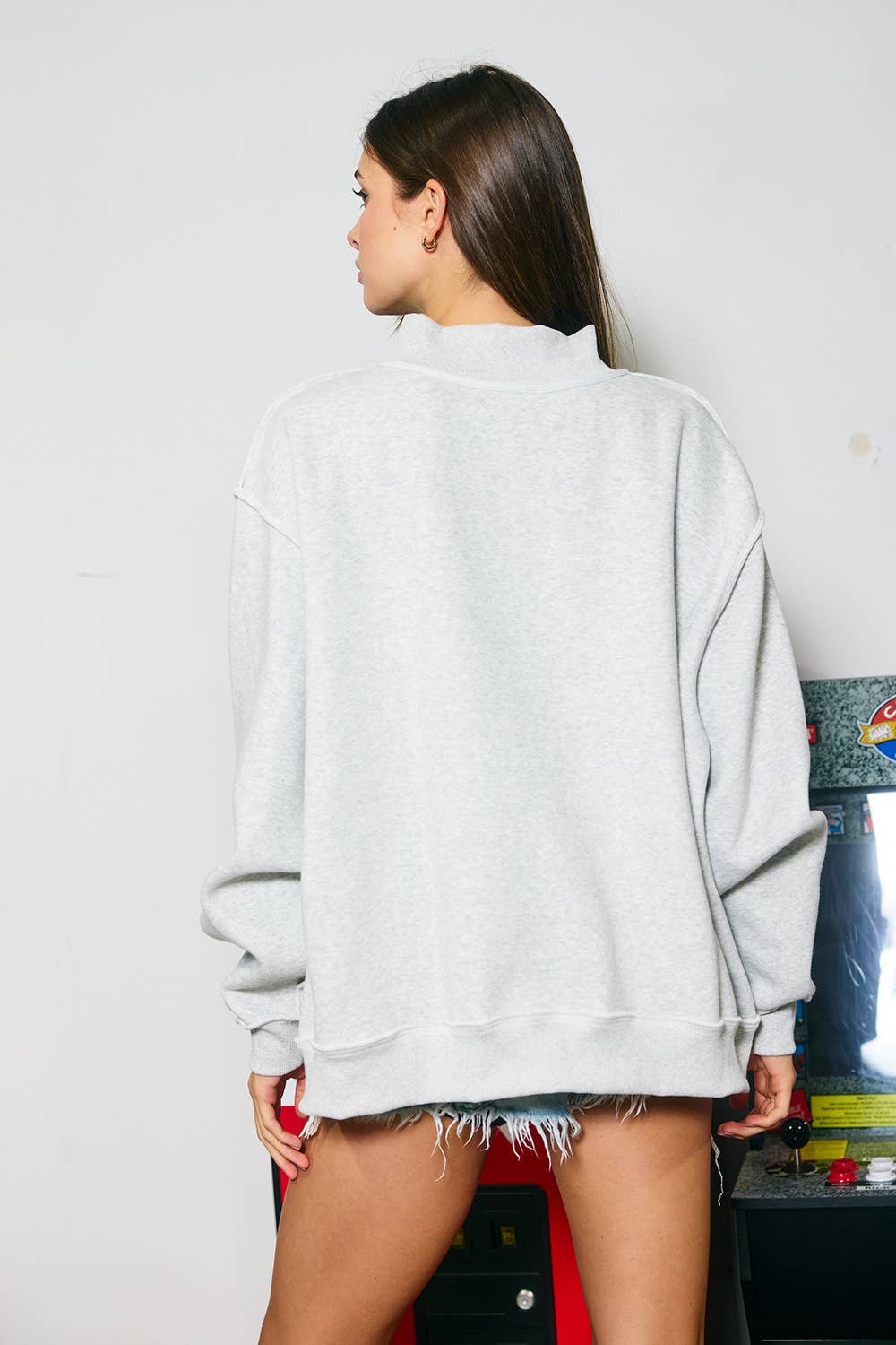 TEXAS Embroidered Mock-Neck Sweatshirt – Heather Grey/Baby Pink
